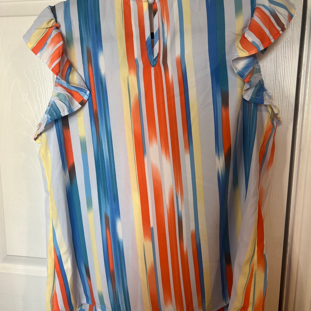 Colorful Striped Ruffle Sleeve Top - Picture 4 of 10